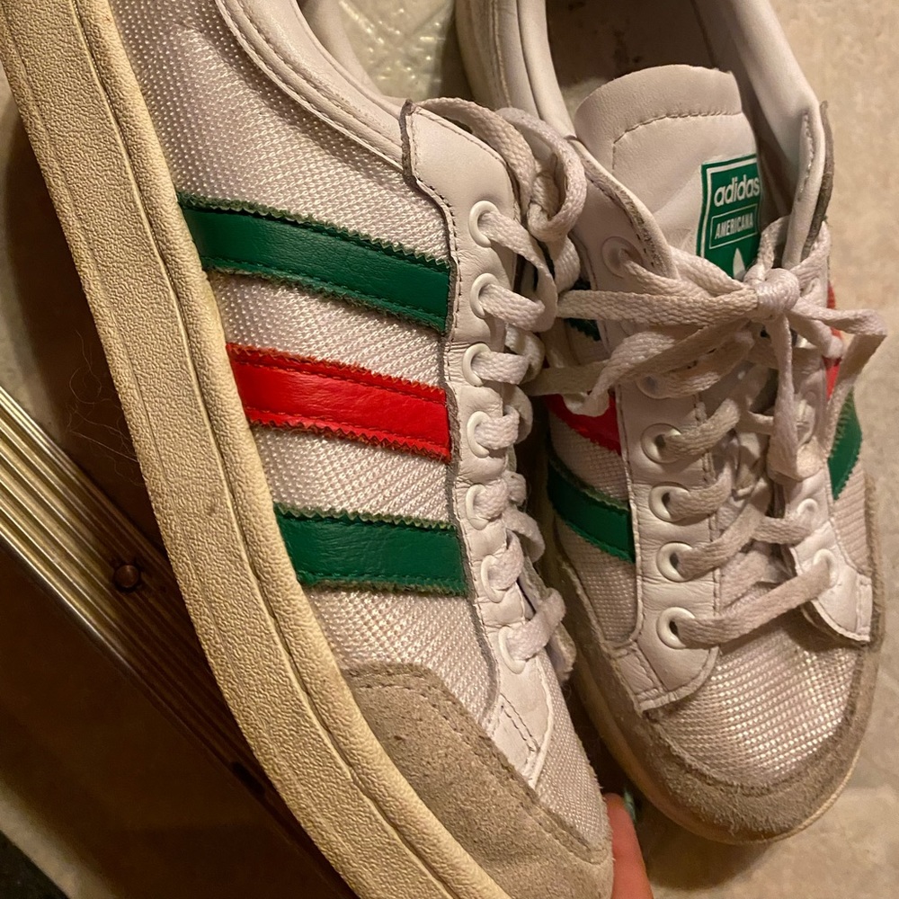 Vintage Adidas White Sneakers with Green and Red Stripes